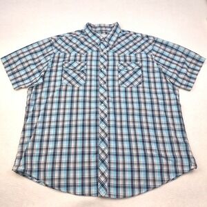 Wrangler Wrancher Shirt Mens XXL Blue Plaid Pearl Snap Short Sleeve Western